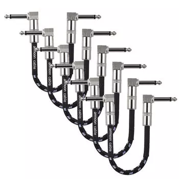 ammoon 6Pack гитарный педаль эффектов инструментальный соединительный кабель 15 см / 0,5 фута длиной с 1/4 дюймовым 6,35 мм серебряным угловым штекером, черная + белая тканая оболочка 15cm 3pcs