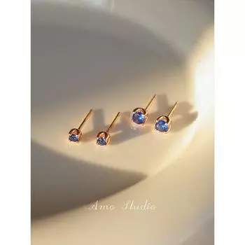 AMO Royal Blue Rhinestone Sterling Silver Stud Earrings Ear-Caring Removal-Free before Sleep Exquisite and Small Daily Ear Bone Stud Royal Blue small size 2mm pair