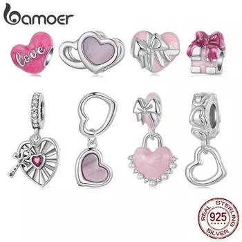 AMOER Solid 925 Sterling Silver Pink Heart Charm Бусина подходит для оригинального браслета и ожерелья ювелирные изделия bamoer Infinity Love Charm 1.7*0.7cm серебряный