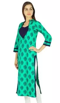 Amoghah Женская зеленая хлопковая блузка Kurti с индийским цветочным и листовым узором Kurta 10