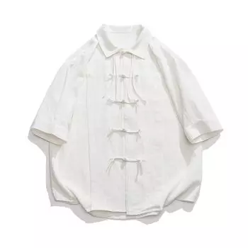 Амой Китайский стиль Ретро Костюм Тан Однотонная Рубашка Мальчики и Девочки Повседневная Свободная Застежка-лягушка Рукав до локтя Рубашка в национальном стиле Трендовая White XL