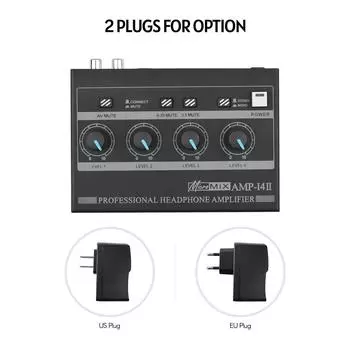 AMP14 4-канальный усилитель для наушников Компактный стереоусилитель для наушников с входным регулятором громкости RCA/6,35 мм/3,5 мм US Plug чёрный