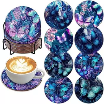 Amyaker Diamond Art Coaster Kit Butterfly DIY Diamond Beads Coaster 5D Diamond Painting Kit English Letter Diamond Coaster Kit Craft Kit for Beginners