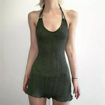 Amyway Swamp Texture Twist Weave Halterneck Knitting Dress Fashion Retro Sexy Lace-up Skirt Green S