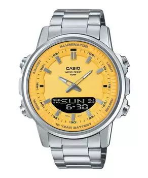 Аналоговые цифровые комбинированные кварцевые мужские часы Casio из нержавеющей стали с желтым циферблатом AMW-880D-9AV жёлтый