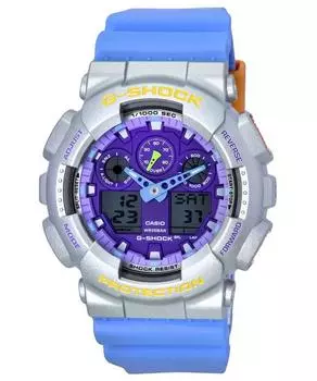 Аналоговые цифровые мужские часы Casio G-Shock Euphoria с синим полимерным ремешком и фиолетовым циферблатом GA-100EU-8A2 200M фиолетовый
