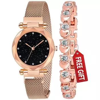 Аналоговые женские часы премиум-класса с магнитом из розового золота, браслетом из розового золота и подарочной коробкой — металл