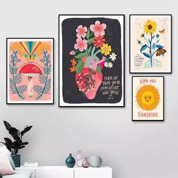 Анатомическое сердце с цветами Цветочные постеры и принты Вдохновляющие цитаты Wall Art Lover Женская картина Холст Картины Декор без рамки 21*30cm
