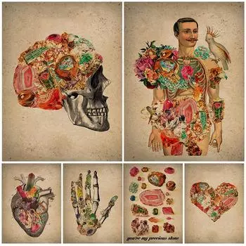 Анатомия человека и камень, винтажная настенная живопись маслом, Алмазное сердце и череп, винтажный художественный постер 21cm30cm NoFrame