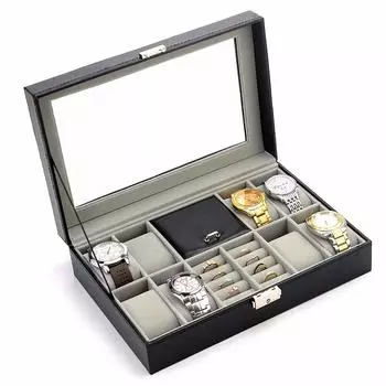 Anberotta Jewelry Watch Case Box Аксессуар для 8 часов Держатель аксессуаров Кольцо Кольцо Ювелирные изделия Коробка для хранения со стеклянной коллекцией AT12 (черный)