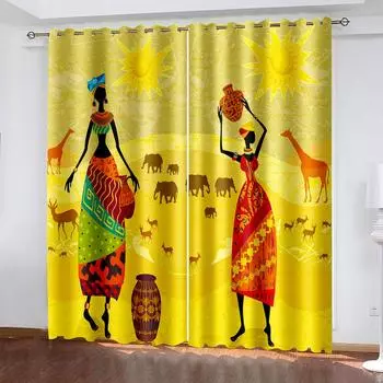 Ancient Egypt Window Curtains Kids Teens Retro Blackout Curtain Darkening Living Room Drapes Decor 2Panels Cotinas De Sala W132cm x H160cm&Hook