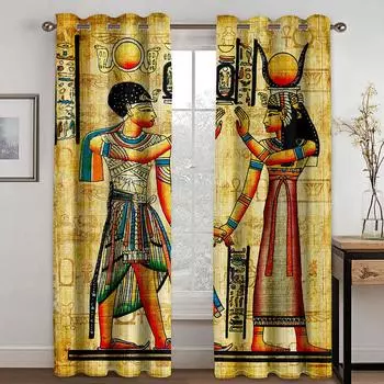 Ancient Egyptian Mythology Vintage Pattern Curtain Figure Mural 2 Panel Fit Living Room Bedroom Balcony Kitchen Window Decor 50W130H(CM)X2PCS&Grommet Top
