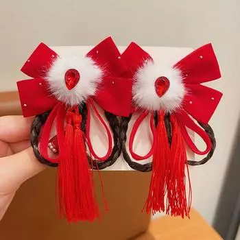 Ancient Style Children s New Year Hairpin Princess Wig Braid New Year Bow Hairpins Plush Ball Ribbon Tassels