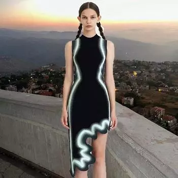 and American Fashion Style Halterneck Stretch Knitted Dress Mid Length Long Length Sleeveless Vest Dress Stripes Silm Slim Looking Sheath Dress Black S