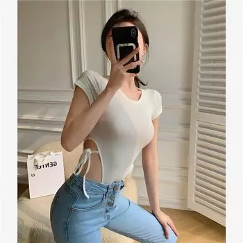 and American Ins Sexy Fried Street Gyaru Short sleeve T-shirt Women Summer High Waist Lace-up One-Piece Bottoming Shirt Outer Wear Top Fashion Black S