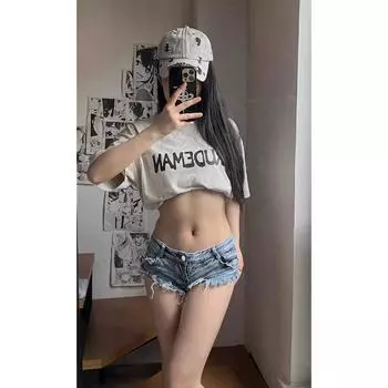 and American Style Millennium Gyaru Washed Low Waist Frayed Edge Denim Super Short Shorts Women Slim fit Slimming Wide Leg Sheath Hot Pants Fashion Blue L(Recommended weight 52.50 kg-57.50 kg])