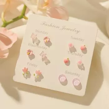 and Summer New Arrival Week Earrings Suit Women s Silver Needle Cute Student Easiest for Match Earrings Sweet Niche Style Ear Bone Stud Earrings Watertight powder-six pairs