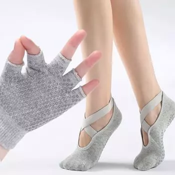 and Summer Pure Cotton Yoga Gloves Socks Suit Non Slip Professional Female Exposed Five Finger Athletic Socks Four Season All Cotton Dance Pantyhose Cross with round head Terry socks light gray Suit