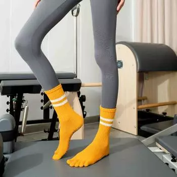 and Winter Thickening Glue Dispensing Non-Slip Yoga Socks Women s Mid-Calf Length College Style Five-Finger Professional Sports Dance Pilates Socks Y135-1 Double-Yellow