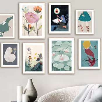 Андерсен Сказочный мир Гадкий утенок красные туфли настенная живопись на холсте плакаты на скандинавскую тему и принты настенные панно для детской комнаты 21cm30cm NoFrame