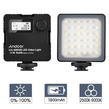 Andoer LVL-60RGB Мини-двухцветный светодиодный видеосветильник 2500K-9000K с регулируемой яркостью, встроенная перезаряжаемая батарея чёрный