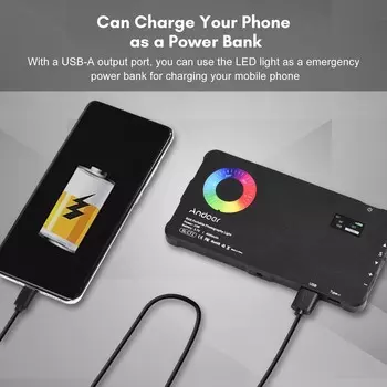 Andoer Pocket RGB Video Light Светодиодная панель заполняющего света 2500K-9000K с регулируемой яркостью 24 световых эффекта CRI95+ чёрный