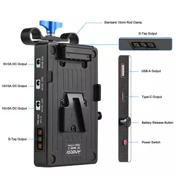 Andoer V Mount Аккумуляторная пластина V Lock Адаптерная пластина для аккумулятора 65 Вт PD Быстрая зарядка со стержневым зажимом 15 мм чёрный