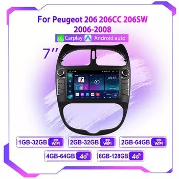 Android 12 Автомобильное радио для PEUGEOT 206 206CC 206SW 2000-2008 Мультимедийный проигрыватель GPS-навигация 7 дюймов с кнопками Carplay Головное устройство