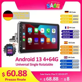 Android 13 10,1-дюймовый универсальный одинарный вращающийся автомобильный радиоприемник Auto Carplay мультимедийный плеер GPS Navi автомобильный стерео Bluetooth