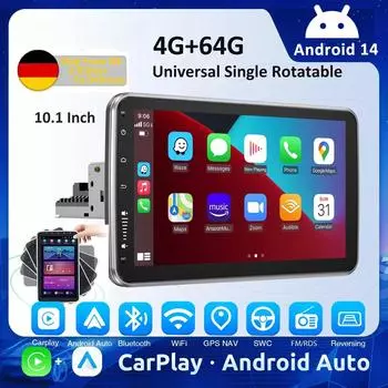 Android 14 10,1-дюймовый универсальный одинарный вращающийся автомобильный радиоприемник Auto Carplay мультимедийный плеер GPS Navi автомобильная стереосистема