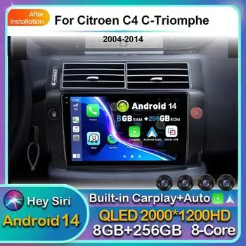 Android 14 Carplay Автомагнитола для Citroen C4 C-Triomphe Quatre 2004-2014 Мультимедийный Плеер Видео GPS Стерео WIFI+4G BT DSP