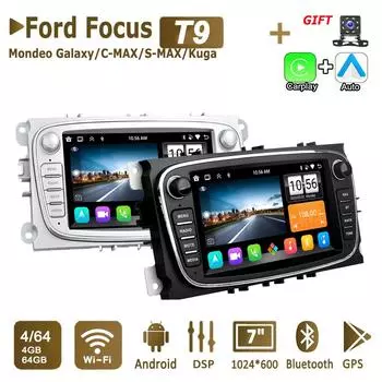 Android автомобильный радиоприемник мультимедийный плеер для Ford Focus Mondeo C-MAX S-MAX Galaxy II Kuga 2 Din Carplay GPS Авторадио WiFi 4+64 ГБ 2+32GB чёрный