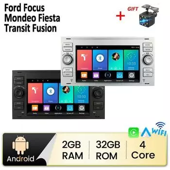 Android Автомобильный радиоприемник Мультимедийный проигрыватель Стерео 2 DIN Для Ford Focus 2007 Mondeo S-max C MAX Kuga Galaxy Fiesta Transit Fusion Carplay BT GPS Wi-Fi 2 + 32 ГБ 1+32GB чёрный