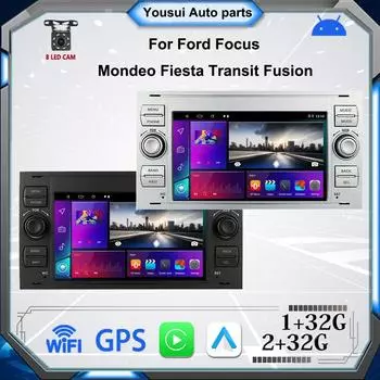 Android Автомобильный радиоприемник Мультимедийный проигрыватель Стерео 2 DIN Для Ford Focus 2007 Mondeo S-max C MAX Kuga Galaxy Fiesta Transit Fusion Carplay BT GPS Wi-Fi 2 + 32 ГБ 1+32GB чёрный