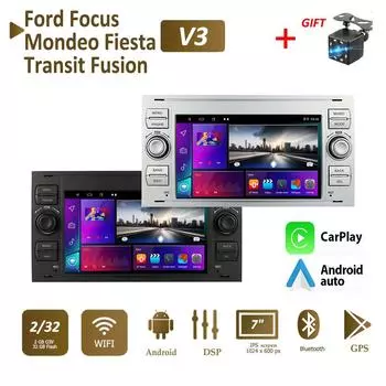 Android Автомобильный радиоприемник Мультимедийный проигрыватель Стерео 2 DIN Для Ford Focus 2007 Mondeo S-max C MAX Kuga Galaxy Fiesta Transit Fusion Carplay BT GPS Wi-Fi 2 + 32 ГБ 1+16GB чёрный
