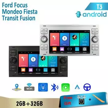 Android Автомобильный радиоприемник Мультимедийный проигрыватель Стерео 2 DIN Для Ford Focus 2007 Mondeo S-max C MAX Kuga Galaxy Fiesta Transit Fusion Carplay BT GPS Wi-Fi 2 + 32 ГБ 1+16GB чёрный