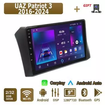 Android Carplay автомагнитола для УАЗ Патриот 3 2016-2024 мультимедийный проигрыватель головное устройство стерео GPS навигация BT WIFI 2+32 ГБ 1+16GB