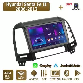 Android Carplay автомобильное радио для Hyundai Santa Fe II 2006-2012 мультимедийный проигрыватель головное устройство стерео GPS навигация BT WIFI 4+64 ГБ 1+16GB