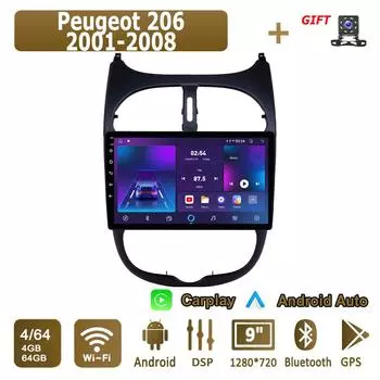 Android Carplay автомобильное радио для Peugeot 206 2001-2008 мультимедийный проигрыватель головное устройство стерео GPS навигация BT WIFI 4+64 ГБ 1+16GB