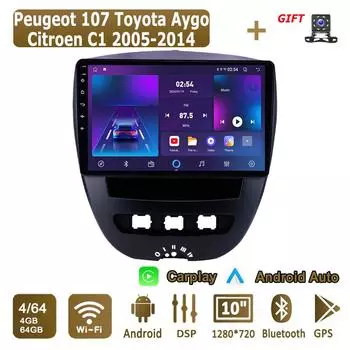 Android Carplay автомобильное радио для Peugeot 107 Toyota Aygo Citroen C1 2005-2014 мультимедийный проигрыватель головное устройство стерео GPS навигация BT WIFI 4+64 ГБ 1+16GB