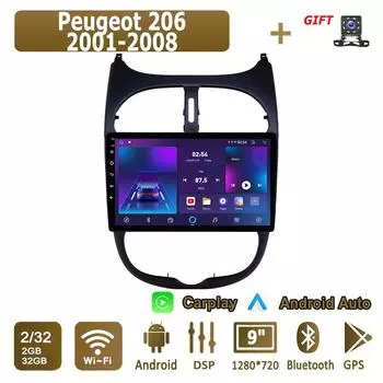Android Carplay автомобильное радио для Peugeot 206 2001-2008 мультимедийный проигрыватель головное устройство стерео GPS навигация BT WIFI 2+32 ГБ 1+16GB