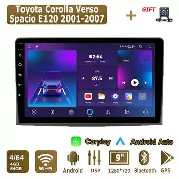 Android Carplay автомобильное радио для Toyota Corolla Verso Spacio E120 2001-2007 мультимедийный проигрыватель головное устройство стерео GPS навигация BT WIFI 4+64 ГБ 1+16GB