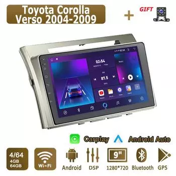Android Carplay автомобильное радио для Toyota Corolla Verso 2004-2009 мультимедийный проигрыватель головное устройство стерео GPS навигация BT WIFI 4+64 ГБ 1+16GB