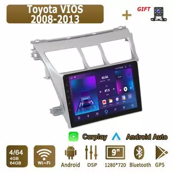 Android Carplay автомобильное радио для Toyota VIOS 2008-2013 мультимедийный проигрыватель головное устройство стерео GPS навигация BT WIFI 4+64 ГБ 1+16GB