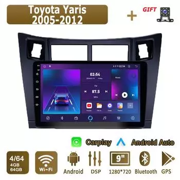 Android Carplay автомобильное радио для Toyota Yaris 2005-2012 мультимедийный проигрыватель головное устройство стерео GPS навигация BT WIFI 4+64 ГБ 1+16GB