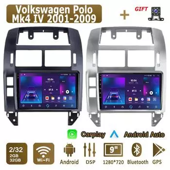 Android Carplay автомобильное радио для Volkswagen Polo Mk4 IV 2001-2009 мультимедийный проигрыватель головное устройство стерео GPS навигация BT WIFI 2+32 ГБ 1+16GB серый