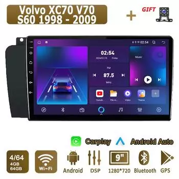 Android Carplay автомобильное радио для Volvo XC70 V70 S60 1998 - 2009 мультимедийный проигрыватель головное устройство стерео GPS навигация BT WIFI 4+64 ГБ 1+16GB