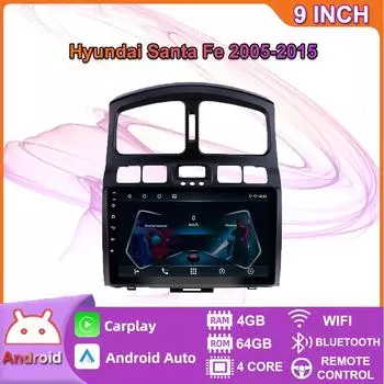 Android Carplay автомобильный радио мультимидиальный видеоплеер навигация GPS для Hyundai Santa Fe 2005-2015 2din головное устройство 4 + 64 ГБ 2+32GB