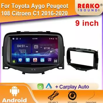 Android для Toyota Aygo Peugeot 108 Citroen C1 2016-2020 Автомобильное радио Мультимедиа GPS Навигация Carplay Авто Плеер DSP DVD 2Din 4 core 1GB+32GB carplay