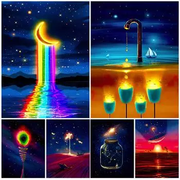 Андромеда в банке и Радужная река под луной, настенная живопись маслом, сюрреализм, абстрактная звезда, художественный постер 21cm30cm NoFrame